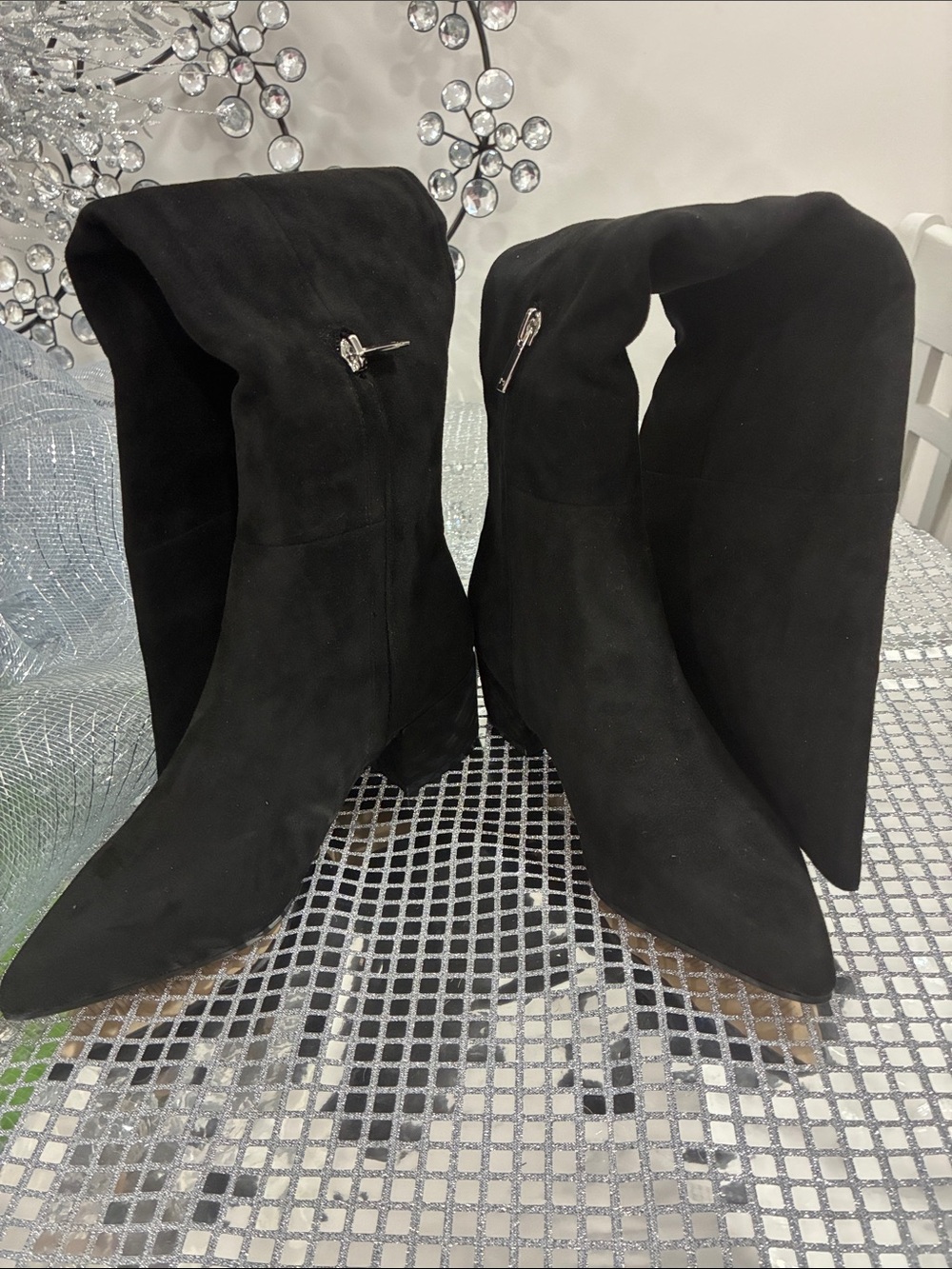 Marc Fisher Black Suede Pointed Toe Fold-Over Heeled Boots